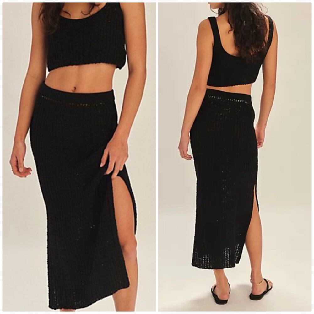 Free People Black Knit Two-Piece Set – Skirt M, Top XL /Stretchy Fits M to XL